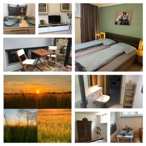 a collage of pictures with a bed and a sunset at Ferienwohnung Pappelwiese in Weimar