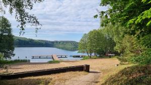 a view of a lake with a dock on the shore at Ośrodek La La Las - domki letniskowe w lesie nad jeziorem in Bytnica