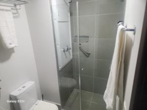 y baño con aseo y ducha acristalada. en Suíte Barra Olimpica/Rio Centro/Jeunesse Arena., en Río de Janeiro