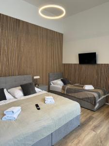a bedroom with two beds and a flat screen tv at Apartmánový Dům Centrum in Brno