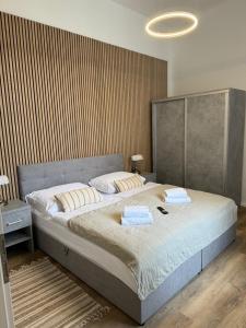 1 dormitorio con 1 cama grande y 2 almohadas en Apartmánový Dům Centrum en Brno