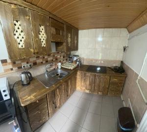 una pequeña cocina con armarios de madera y fregadero en Верховинський водограй en Synevyrsʼka Polyana