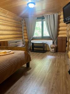 um quarto com uma cama e uma televisão num quarto em Верховинський водограй em Synevyrsʼka Polyana