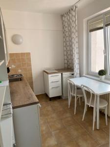 a kitchen with a table and chairs in a room at Ubytování v centru Ostravy in Moravská Ostrava