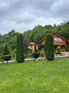 een huis met een tuin met struiken en bomen bij Карпатська Модрина in Kosiv