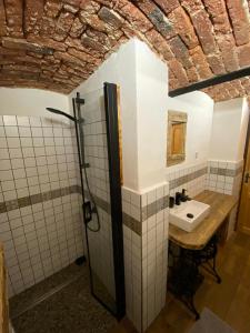 a bathroom with a sink and a mirror at Apartmány u Dostálů in Bedřichov