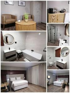 a collage of photos of a bathroom with a sink and a mirror at HWH Guesthouse Middelburg in Middelburg