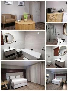 a collage of photos of a bathroom with a sink and a mirror at HWH Guesthouse Middelburg in Middelburg +148 photos