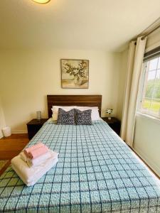 - une chambre avec un lit doté d'une couette bleue et d'une fenêtre dans l'établissement Homestay- private room and bathroom, à Whitby