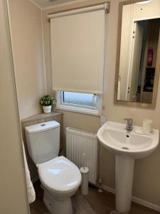 a bathroom with a toilet and a sink at Modern & Blissful Beach Park Holiday Home in Dovercourt, Essex, in Parkeston