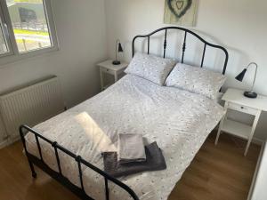 a bed in a bedroom with two tables and two lamps at Lletyr Bugail in Caernarfon