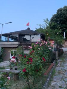 Esadiye的住宿－Saklı Cennet Esadiye，一座花园,在一座建筑前有玫瑰