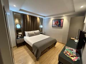 um quarto de hotel com uma cama e uma televisão em The Roomy Hotel Nişantaşı em Istambul