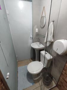 W łazience znajduje się toaleta, umywalka i lustro. w obiekcie Pousada Casa da Maga - Vila Germânica w mieście Blumenau