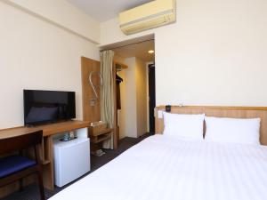 a hotel room with a bed and a tv at Dormy Inn Express Mikawaanjo in Anjomachi