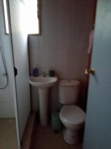 a small bathroom with a toilet and a sink at Cabaña Gloria in Coñaripe