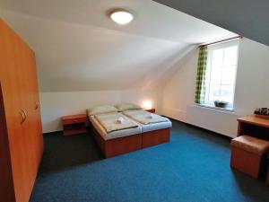 a bedroom with a bed and a window in a attic at Patriot penzion a kemp in Držková