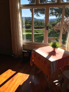 a room with a table with a plant in front of a window at Gasthaus Heimat in Rio Forcação