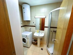 uma casa de banho com um lavatório e uma máquina de lavar roupa em Renta Stanovi Podgorica em Podgorica