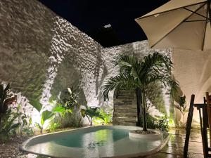 uma piscina com uma palmeira e um guarda-sol em Edifício Creta em São Luís