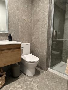 a bathroom with a toilet and a shower at Rooftop Residence in Auckland