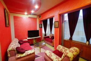 a living room with red walls and couches and a tv at Apartman Lazic No2 in Gracanica
