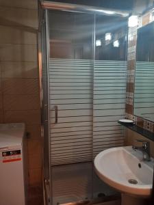 een badkamer met een douche en een wastafel bij Fanari summer house 2 floors in Fanárion +39 foto's