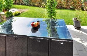 a glass table with a bird sitting on top of it at Villa Nathis in Maillane +17 photos