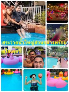 un collage de fotos de personas en una piscina en บ้านอบอุ่น By The Mountain Ozoneบ้านโอโซนขุนเขาแก่งกระจาน en Ban Song Phi Nong