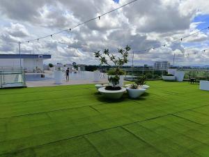 a rooftop patio with white bowls with potted plants on it at kozi mama paradise in Kuching
