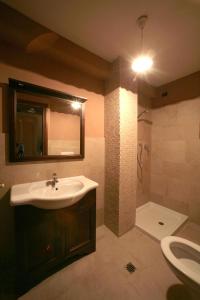 La salle de bains est pourvue d'un lavabo, de toilettes et d'un miroir. dans l'établissement Normena Mountain Residence, à Tizzano Val Parma