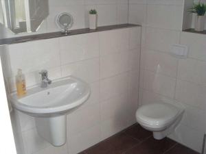 a white bathroom with a sink and a toilet at Tacke 2 Comfortable holiday residence in Burg auf Fehmarn +12 photos