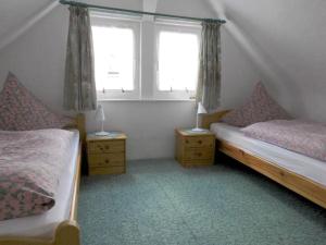 a bedroom with two beds and two windows at Jacobi Comfortable holiday residence in Bad Harzburg