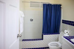 a bathroom with a toilet and a blue shower curtain at Clauds Place in Rodney Bay Village