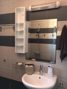 a bathroom with a sink and a mirror at Вила Стела in Sinemorets +16 photos