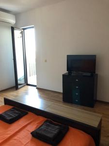 a living room with a flat screen tv and a couch at Вила Стела in Sinemorets