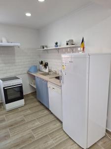kuchnia z białymi urządzeniami i lodówką w obiekcie Pensiunea Joker w Sighișoarze