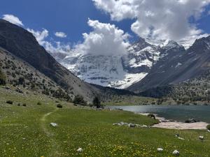 a grassy field with a lake and snowy mountains at Panjrud guest house in Panjakent