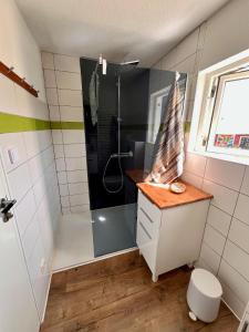 a bathroom with a shower and a sink at Go out stay wild in Norsjö +23 photos
