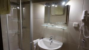 a bathroom with a sink and a shower with a mirror at Gästehaus Steinmetz in Sankt Martin an der Raab