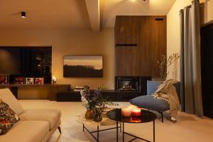 卡斯特里尔Luxury Villa Deneb with pool near Porec的带沙发和壁炉的客厅