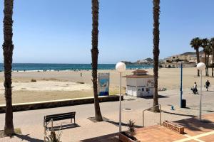 a view of a beach with palm trees and a bench at Hotel Don Ignacio in San José