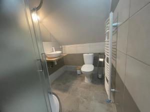 a small bathroom with a toilet and a sink at Ubytko u dědka in Lhotka +12 photos