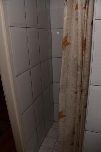 a shower with a shower curtain in a bathroom at Borostyán Vendégház in Nagykőrös +22 photos