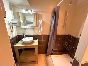 a small bathroom with a sink and a shower at Hôtel Le Bon Accueil in Porto Ota