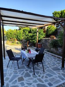 a patio with a table and chairs under a pergola at La casa di Giada, villetta indipendente con wi-fi e parcheggio gratuiti in Poggi