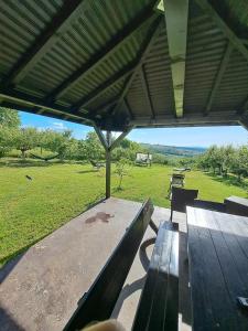 a picnic bench under a roof with a view of a field at Casa 3 Catei Veseli in Seciu