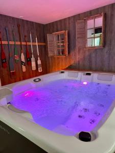a large bath tub with purple water in a room at Maison de vacances atypique in Guérande