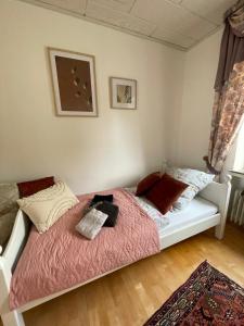 a bedroom with a bed with a pink blanket at Ferienwohnung mit WINTERGARTEN in Bahnhofsnähe in Eystrup