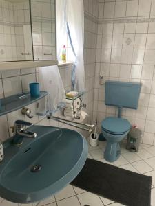 a bathroom with a blue sink and a toilet at Ferienwohnung mit WINTERGARTEN in Bahnhofsnähe in Eystrup